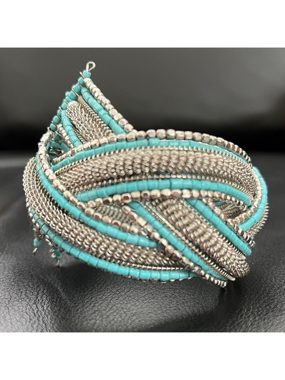 BRACELET Turquoise Colour Silver Tone Beads Adjustable Wide Cuff Western Boho